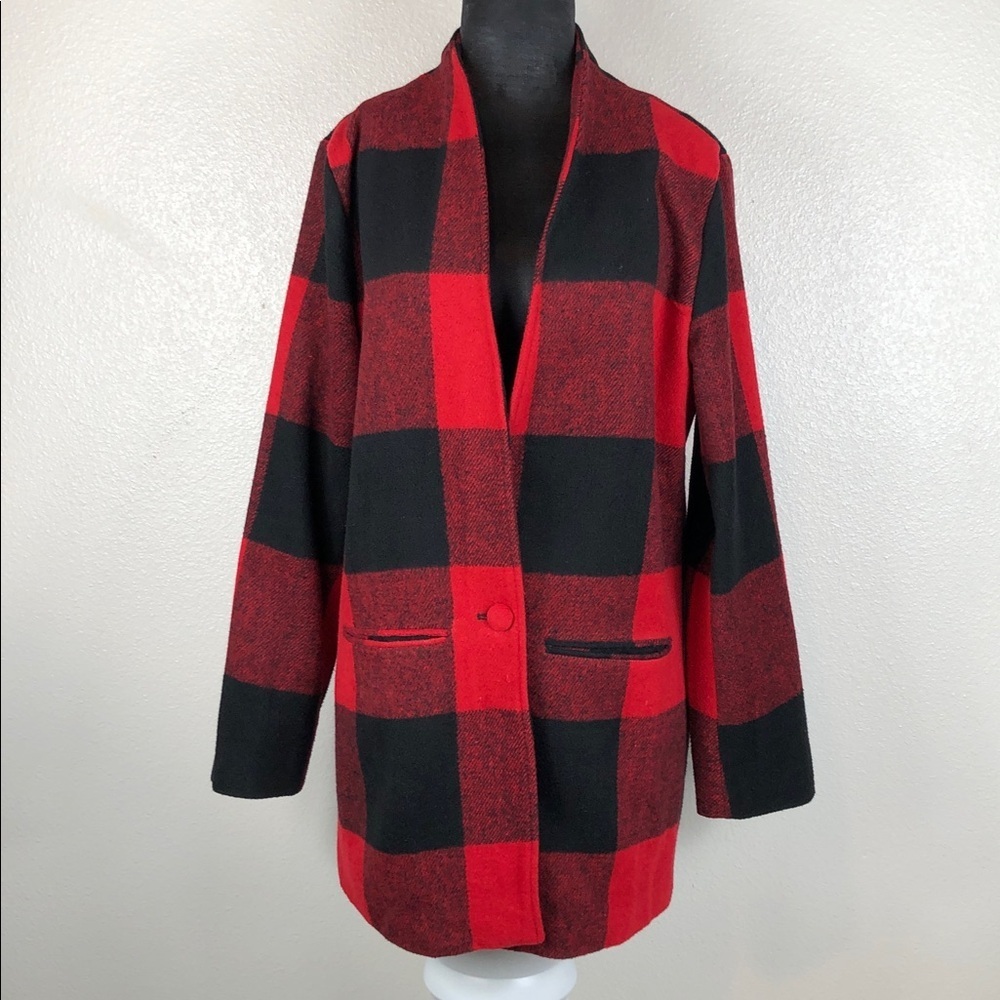Allegra K Plaid Blazer Style Coat Black & Red Buffalo Check Single Button Large
